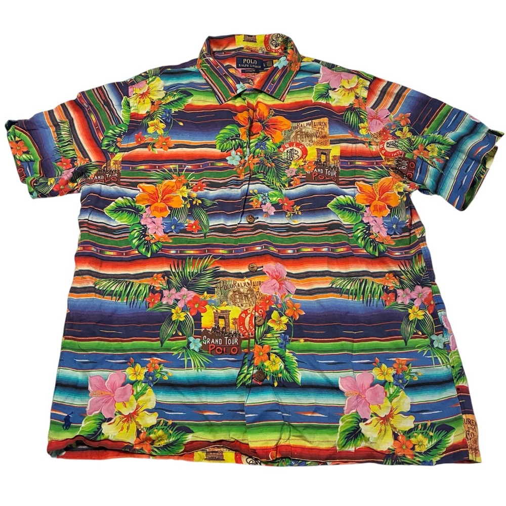 Polo Ralph Lauren Mens Silk Loop Collar Floral Grand Tour Hawaiian Shirt Large